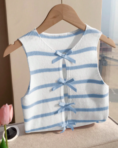 Blusa de punto sin mangas con decoración de lazo, bloques de color y rayas