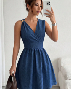 Vestido elegante de cuello en V, cintura ajustada y sin mangas