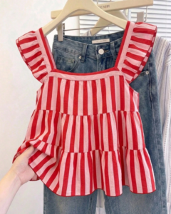 Blusa elegante romántica vintage de mujer con mangas acampanadas a rayas