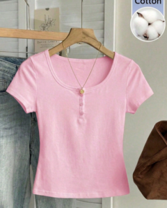 Camiseta de mujer de manga corta con cuello Henley