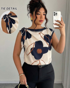 Blusa con estampado floral de unicolor y hombros con lazo
