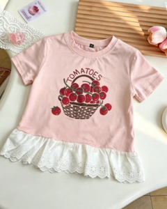 Camiseta de manga con estampado gráfico rosa lindo de cesta de tomates dulces