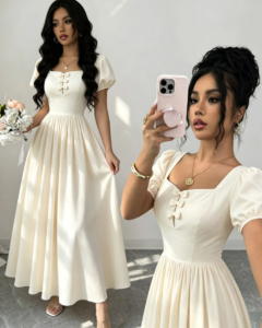 Vestido largo elegante y femenino para mujer con cuello cuadrado estilo francés