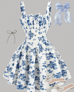 Vestido de niña preadolescente con estampado floral azul y blanco