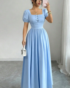 Vestido largo para mujer con cuello cuadrado francés, decoración de lazo