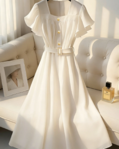Vestido midi con cuello cuadrado, volantes en la cintura y pliegues