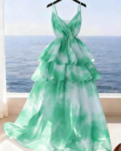 Vestido largo tipo camisola para mujer con patrón degradado, cintura ceñida y corte A