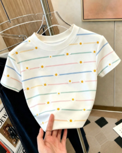 Camiseta de manga corta para mujer con cuello redondo, rayas