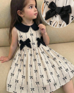Vestido casual y lindo de verano para niña con cuello Peter Pan