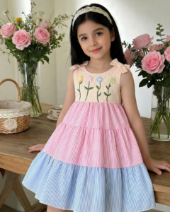 Vestido de pastel con rayas rosas y bordado floral para niña