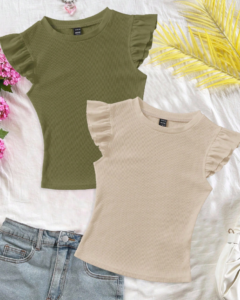 camisetas de manga con volantes de cuello redondo ajustadas de tela acanalada