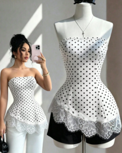 Top de Encaje sin Tirantes Estilo Retro Francés con Lunares