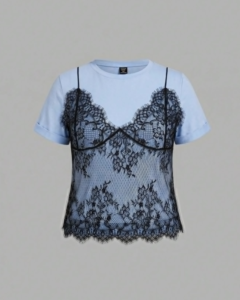 Camiseta corta de cuello redondo con patchwork de encaje 2 en 1 azul claro