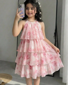Vestido midi tipo pastel de gasa con estampado floral, volantes, cuello halter
