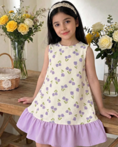 Vestido sin mangas tejido con patchwork floral y color morado liso
