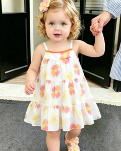 Vestido de niña con estampado de cereza y melocotón arrugado