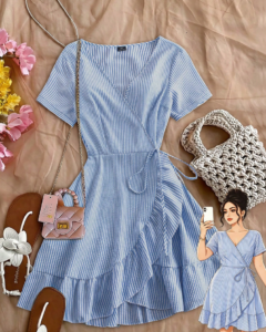 Vestido mini de talla grande para mujer con rayas azules y blancas