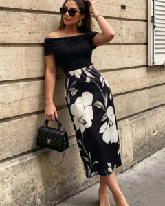 Vestido midi de mujer de punto con estampado, textura acanalada